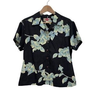 Hilo Hattie Y2K 100% Silk Hawaiian Camp Shirt Hibiscus Floral Black Green Size 8